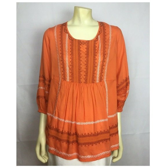Reba Embroidered Women Top Orange 3/4 Sleeve Blouse Size: L - Picture 1 of 7